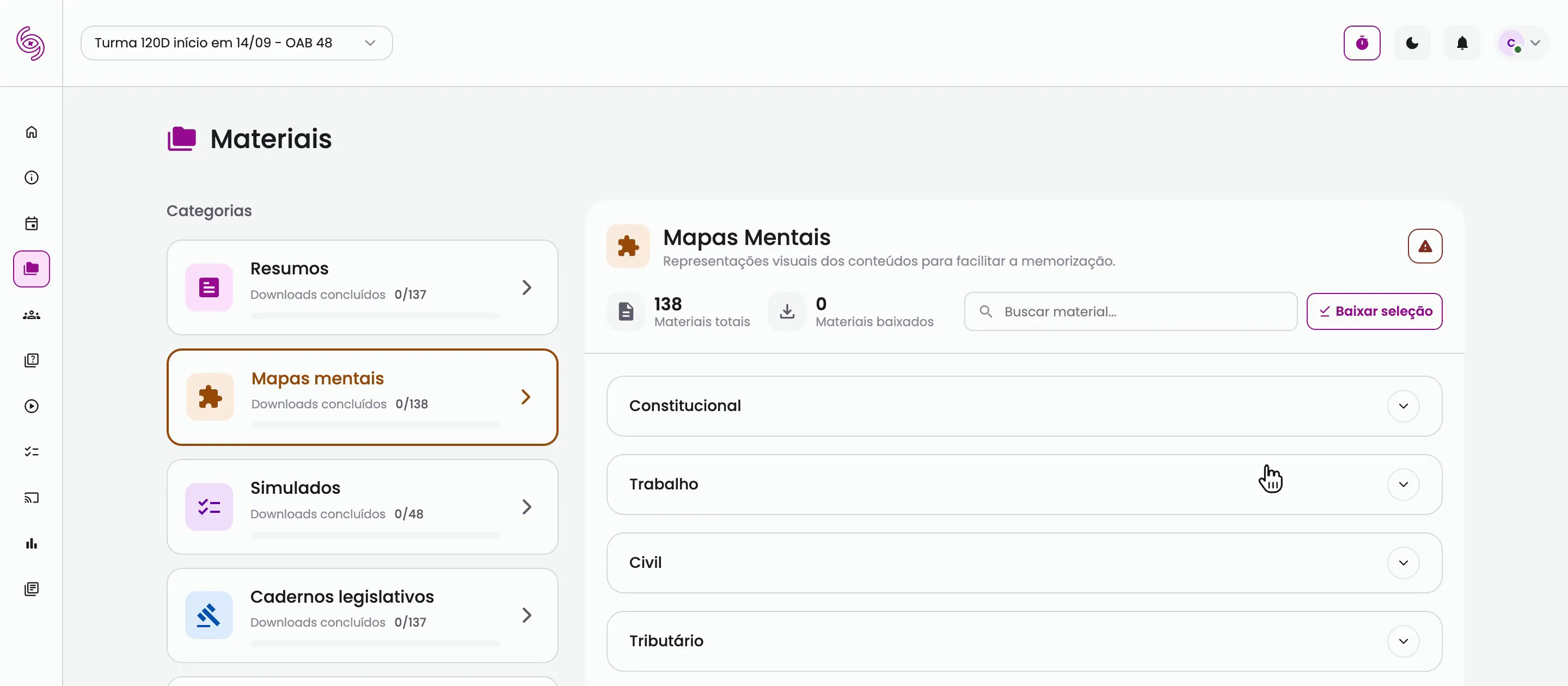 Resumos, mapas mentais, cadernos legislativos e materiais de revisão para baixar.