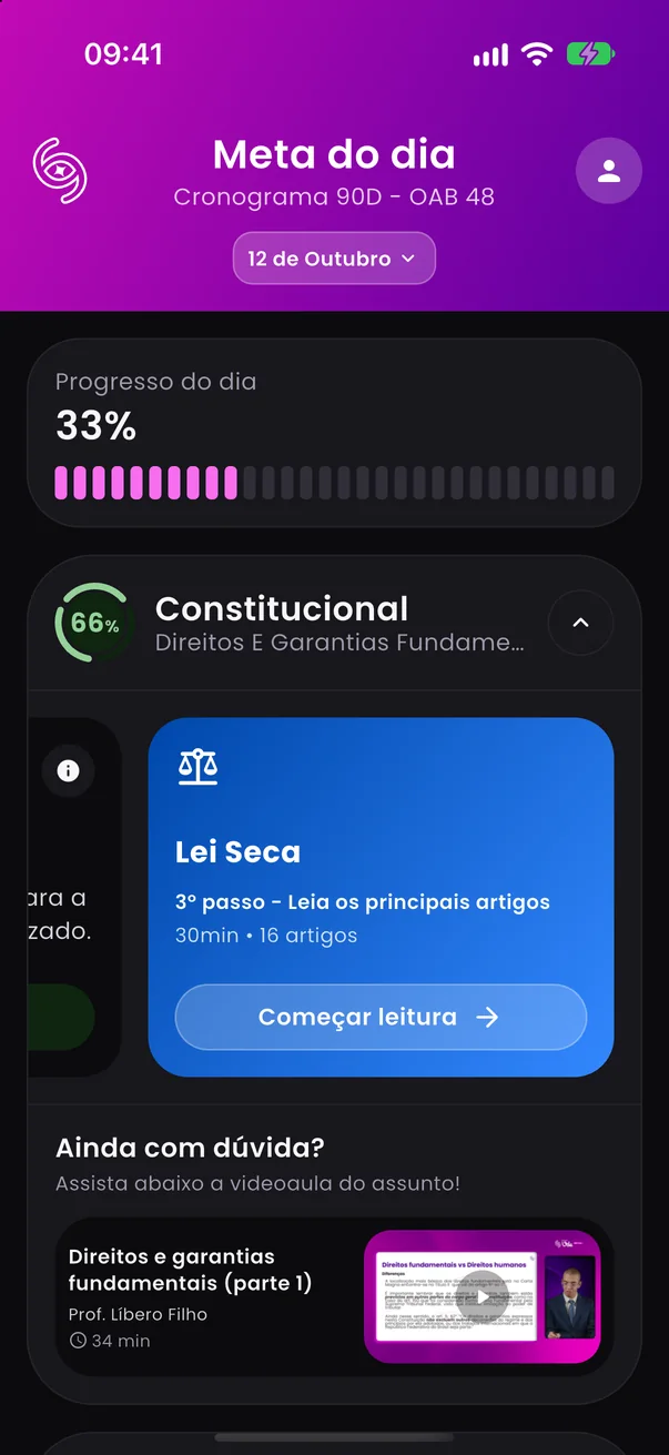 Tela inicial do app VDE 1ª Fase no tema escuro, com a meta do dia em 33%.