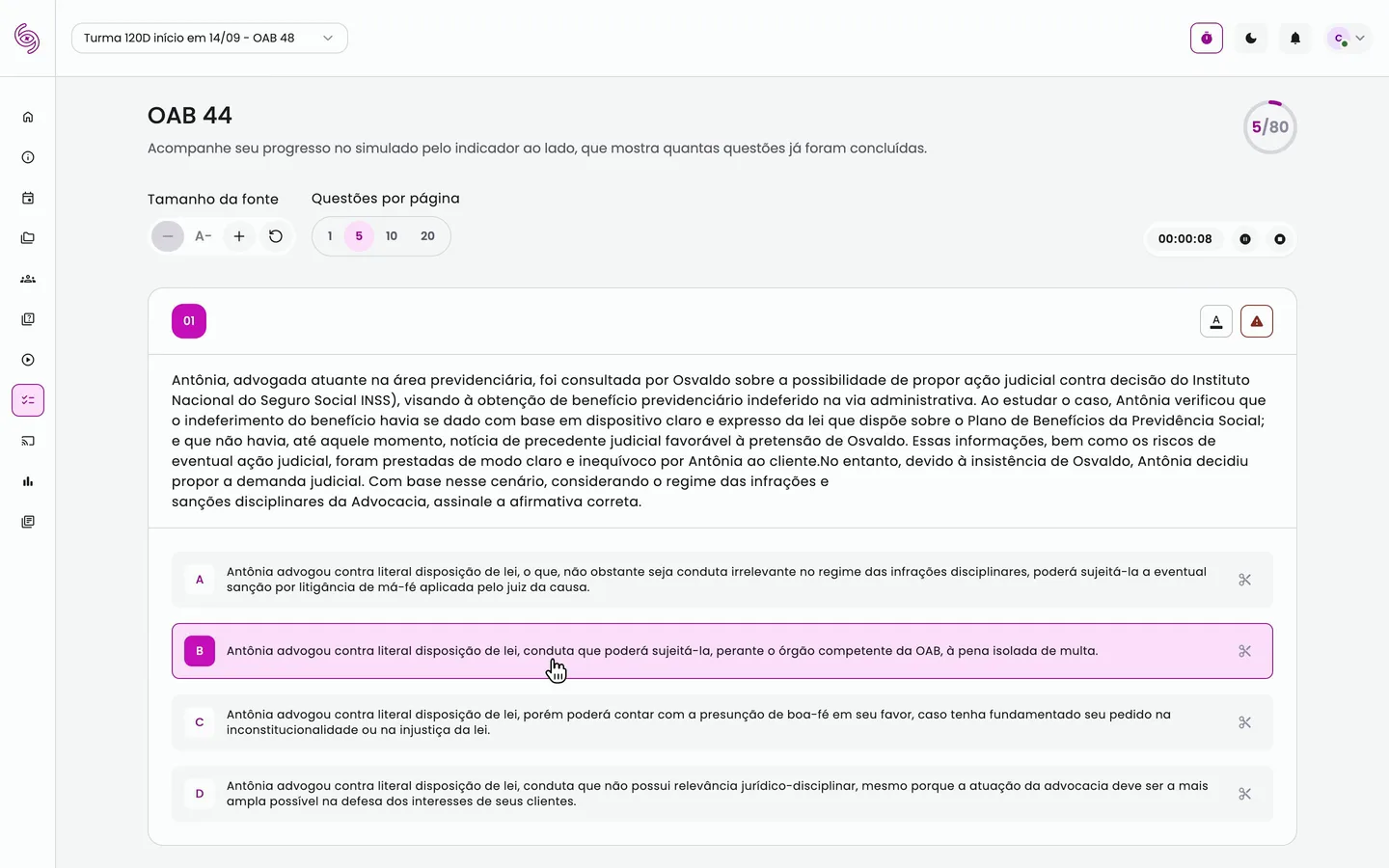 Simulado OAB 44 na Plataforma VDE, com 5 de 80 questões concluídas e o cronômetro correndo.
