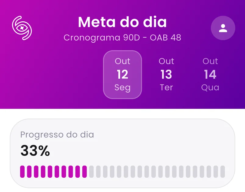 Topo do app com a meta do dia, a régua de datas e a barra de progresso em 33%.