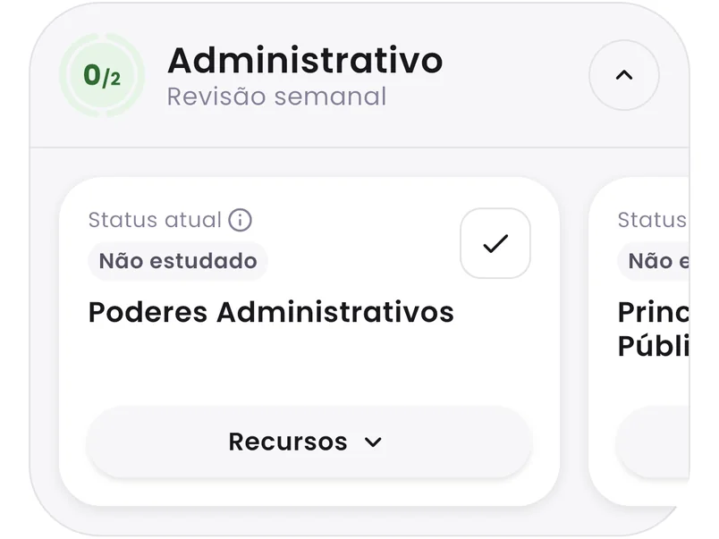 Card de revisão semanal de Administrativo com o assunto Poderes Administrativos.