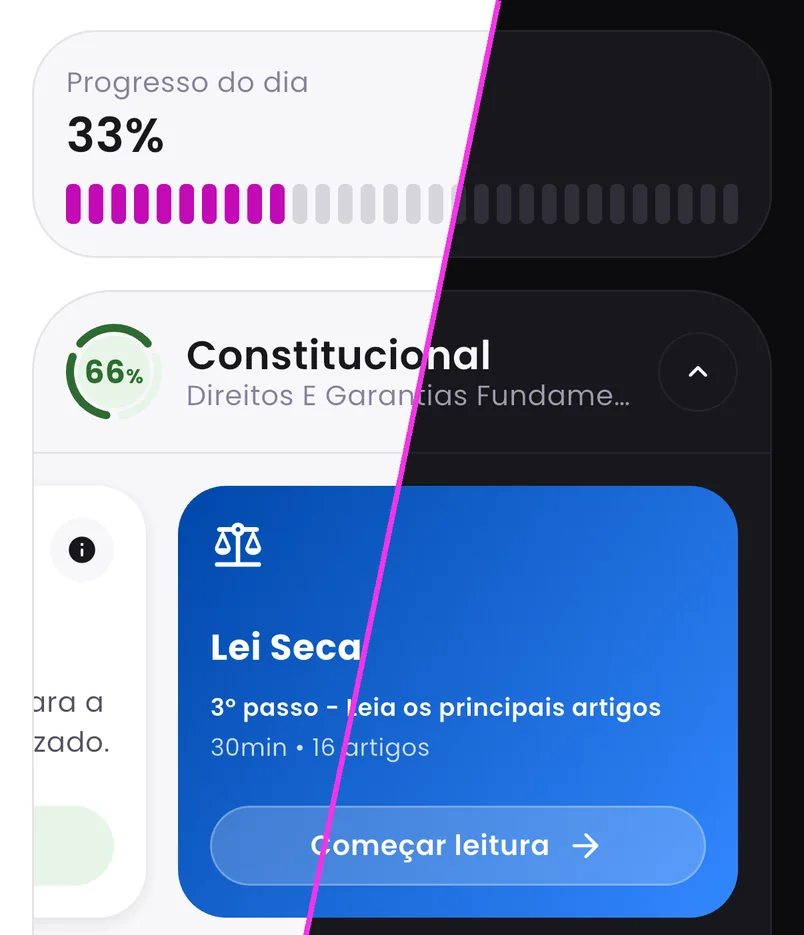 A mesma tela do app metade no tema claro, metade no tema escuro.